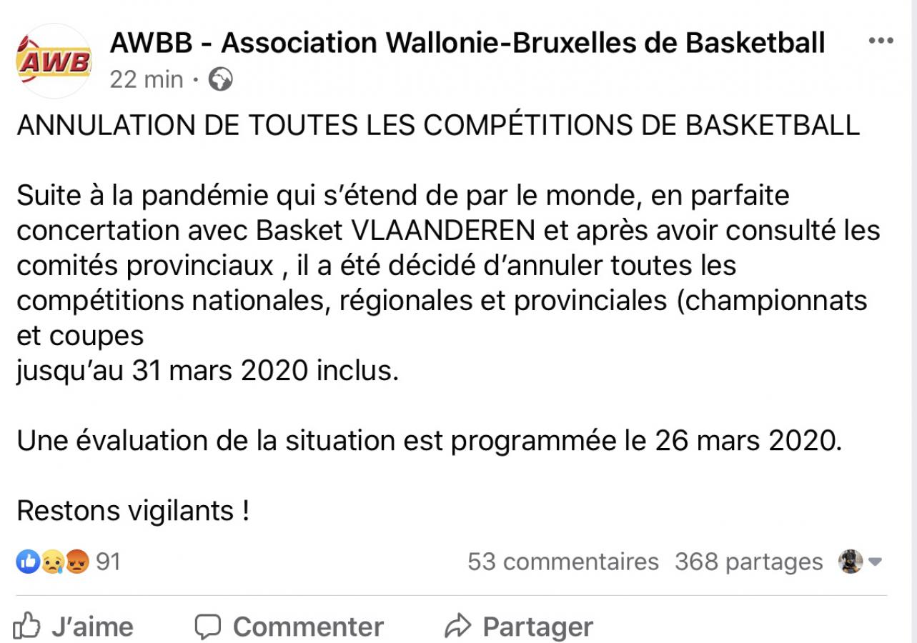 #corona  - Annulation de toutes les compétitions de Basket