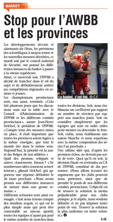 L’AWBB décide d’arrêter définitivement les compétitions régionales et provinciales !